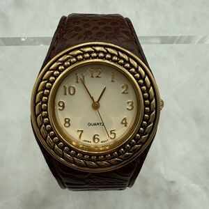 Vintage Avon Gold Tone Cuff Watch Brown Wide Band Quartz